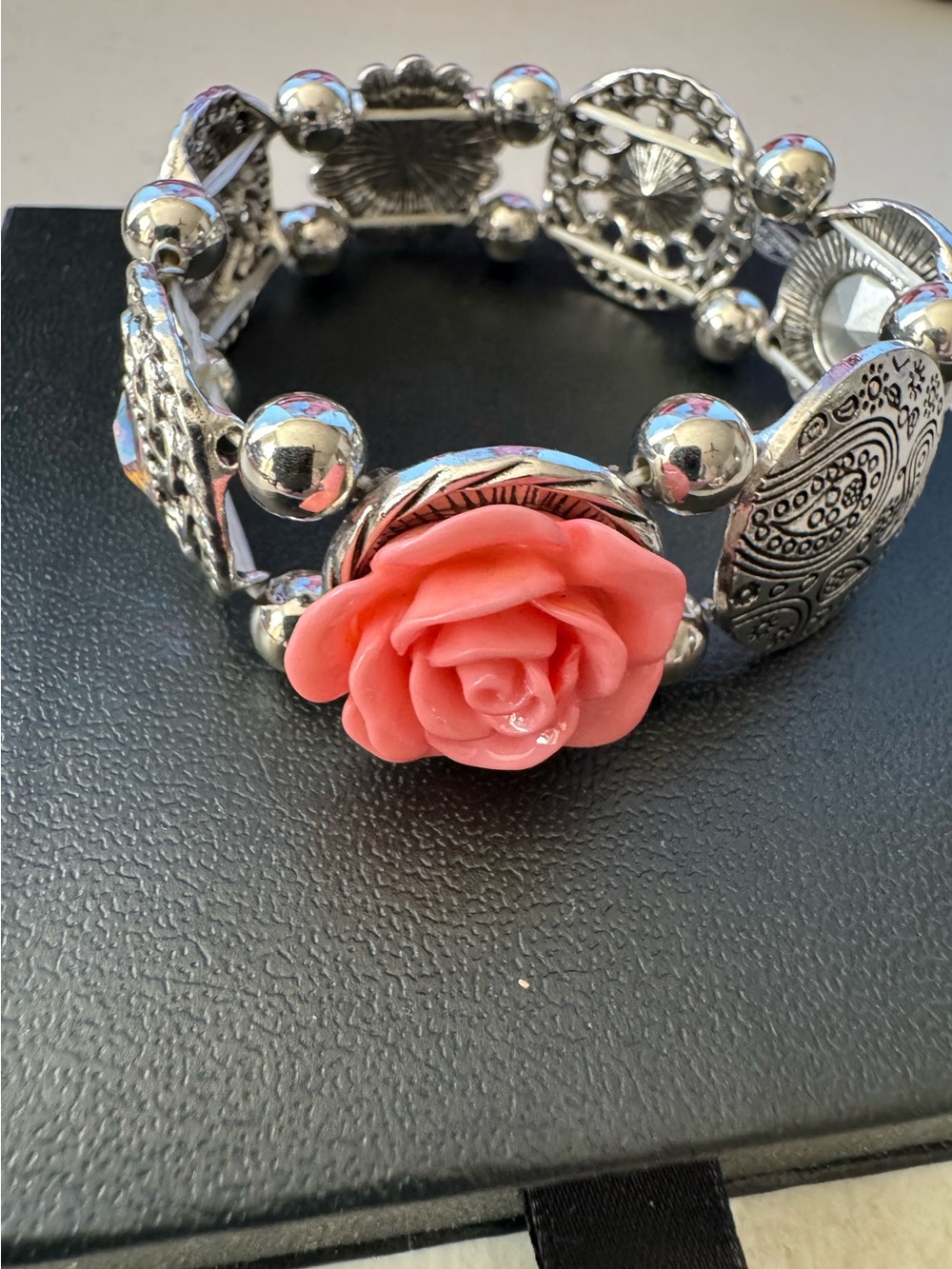 Stretch Silver-Tone Bracelet with Coral Pink Rose Accent & Lots of Sparkling ✨